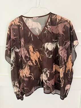 Pixie Girl Western Sheer Brown Horse-Print V-Neck Blouse